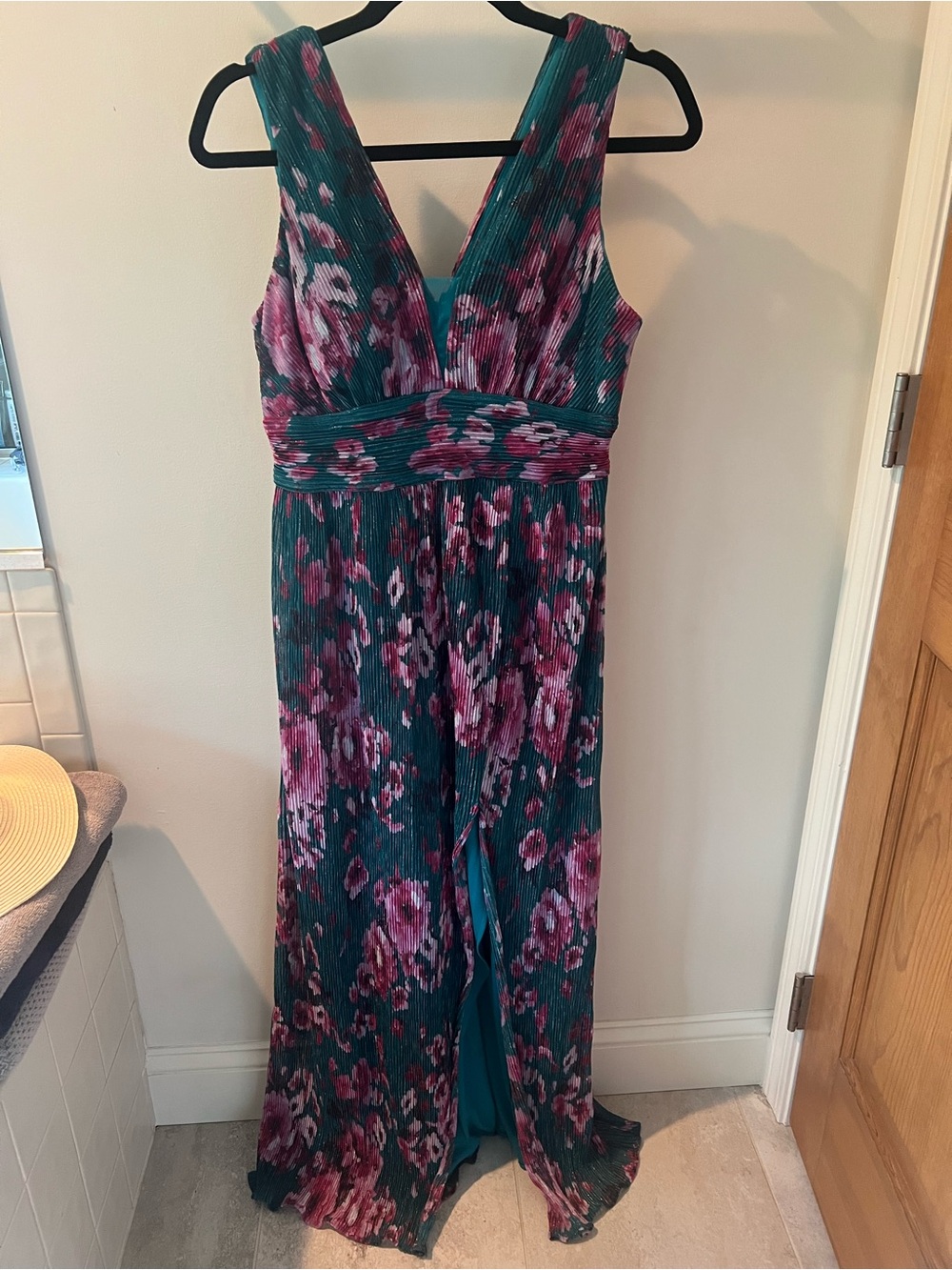 Night Way Collections Teal and Magenta Floral V-Neck Maxi Dress